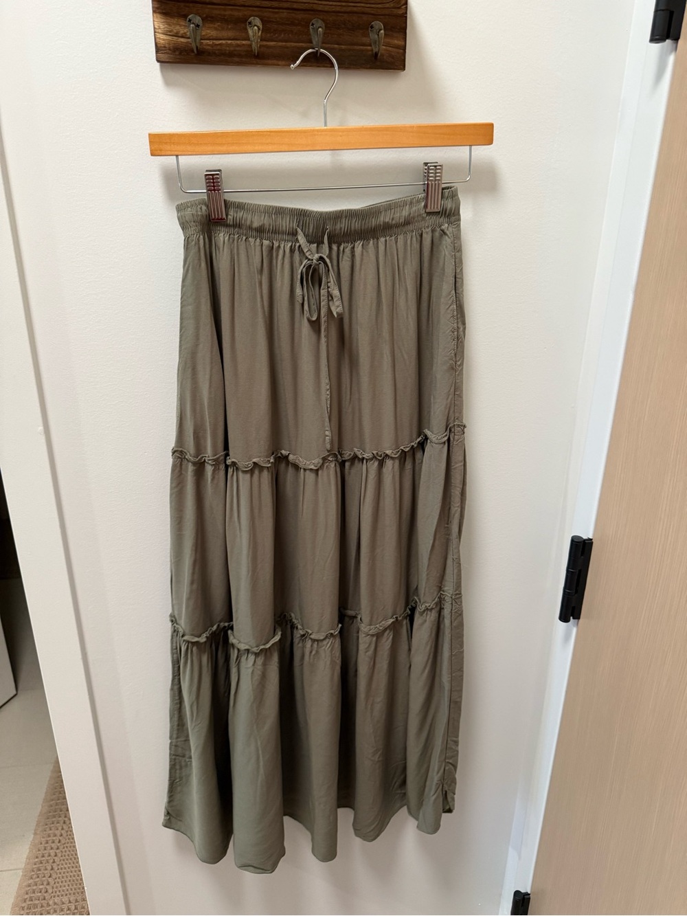 Amazon Olive Tiered Maxi Skirt with Drawstring Waist